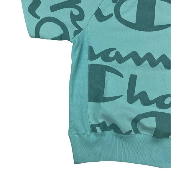 New Champion Men US XS Turquoise Blue Sweatshirt Short Sleeve Crew Neck Pullover - Picture 4 of 11